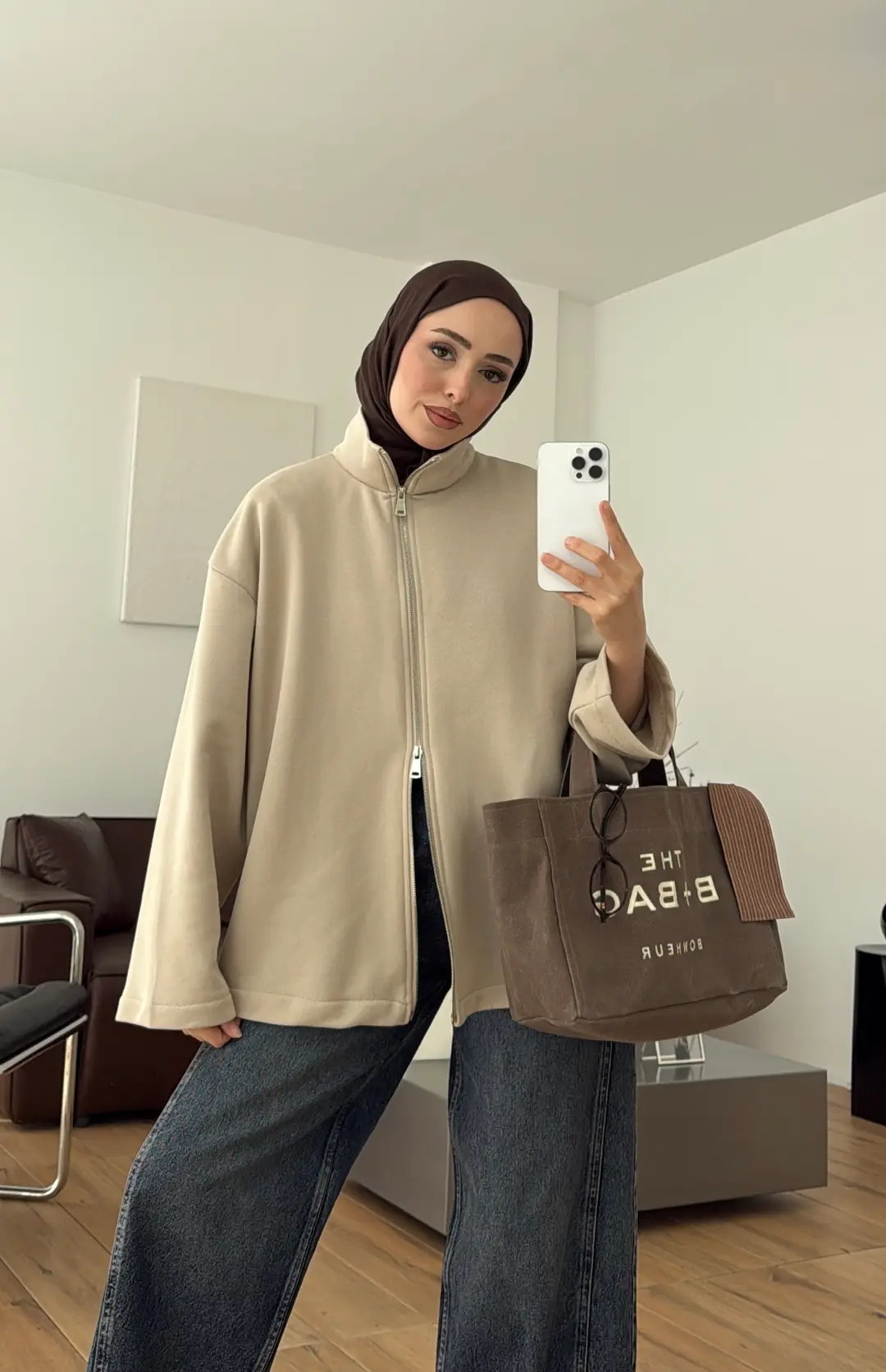 Çift Fermuarlı Sweat Bej
