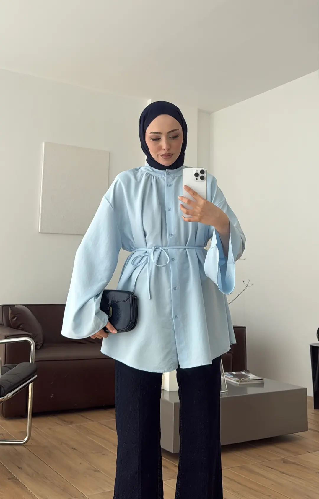 Büzgülü Bel Bağlamalı Gömlek Mavi