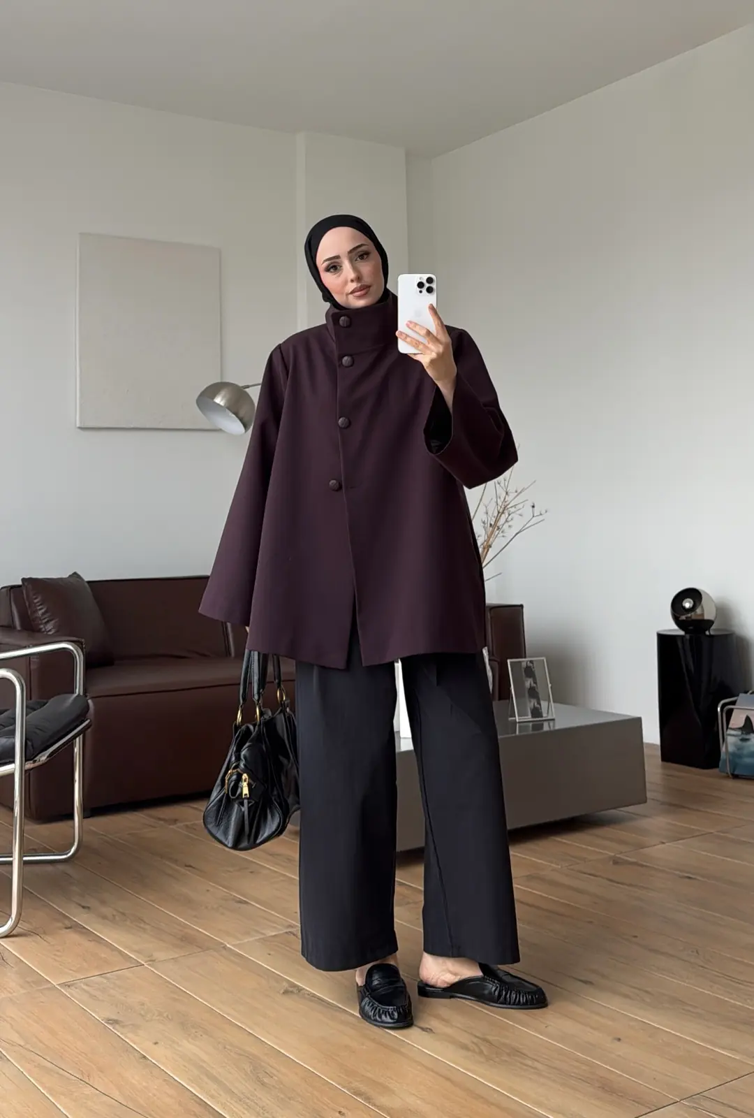Geniş Kol Kuşaklı Ceket Mürdüm