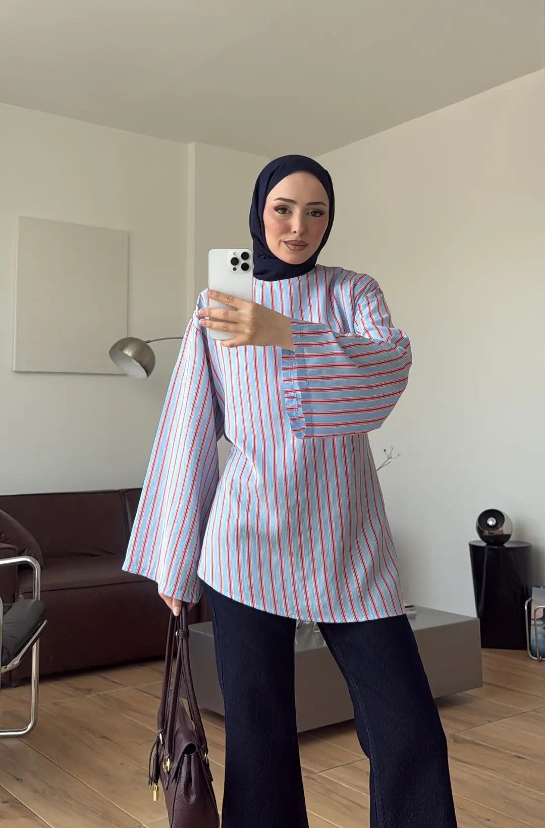 Çizgili Arkadan Bagcıklı Tunik Mavi