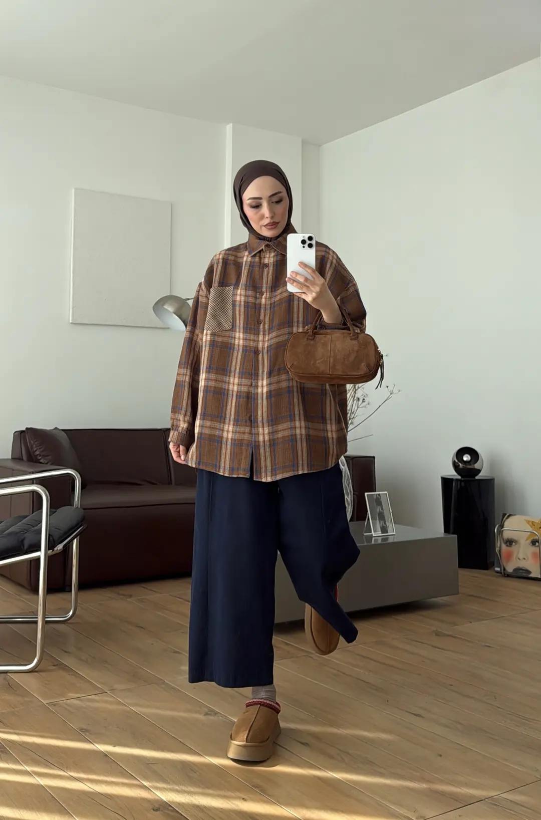 Ekose Oversize Gömlek Açık Kahve