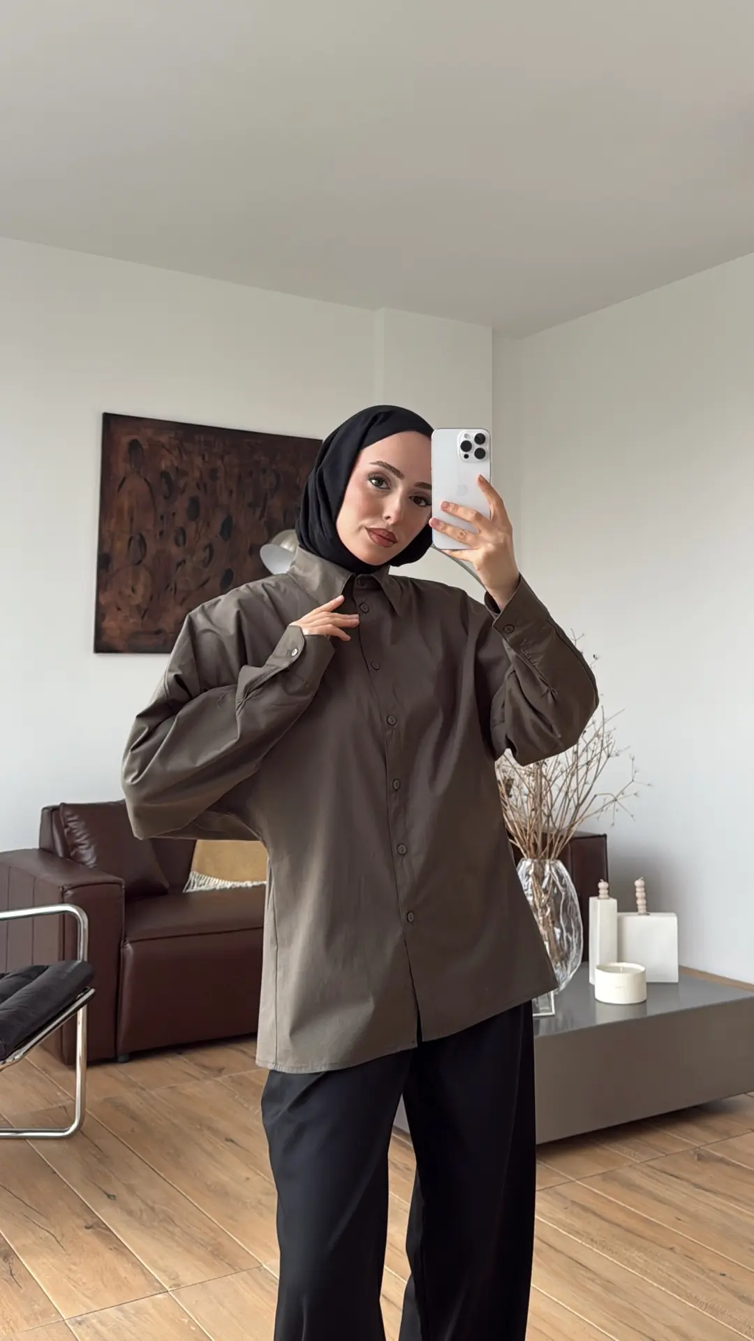 Likralı Reglan Kol Gömlek Haki