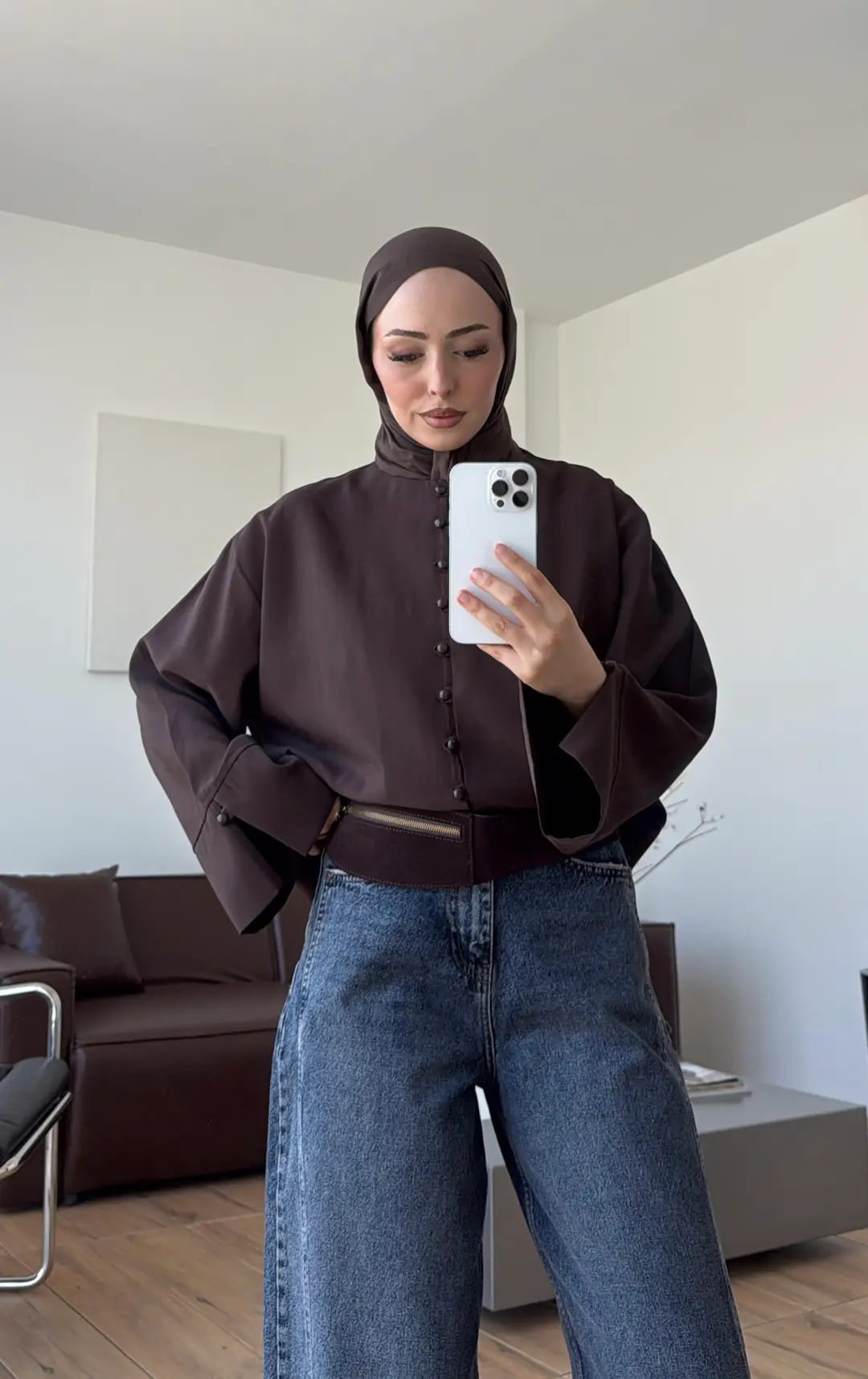 Top Düğmeli Modal Bluz Kahve