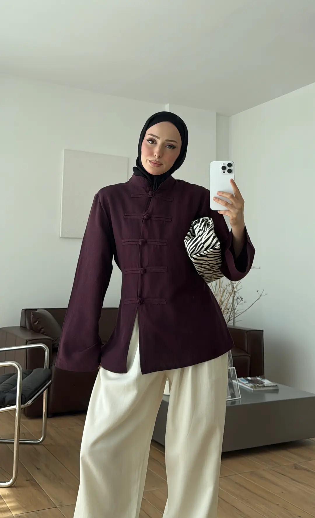 Süslü Düğmeli Keten Bluz Bordo
