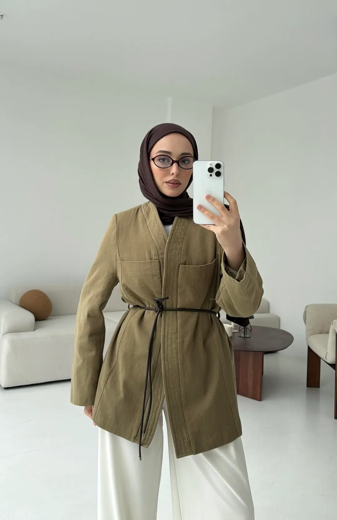 Gabardin Kemerli Ceket Haki