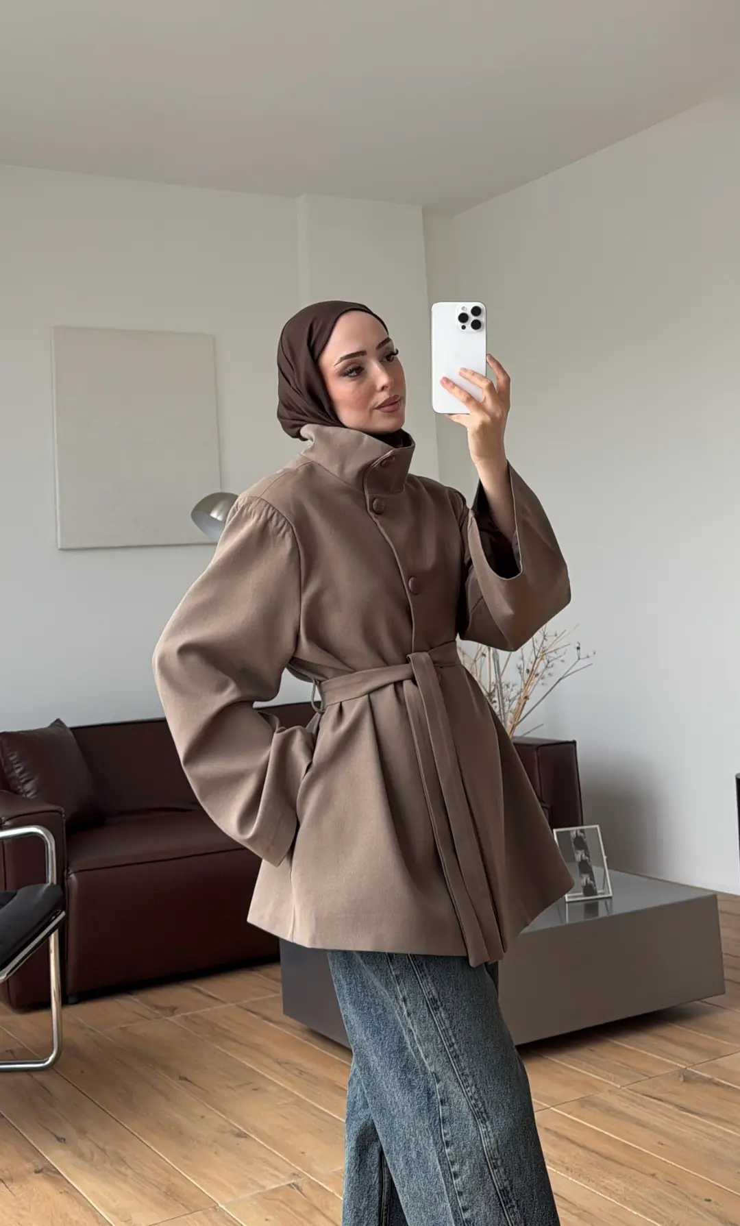 Geniş Kol Kuşaklı Ceket Vizon