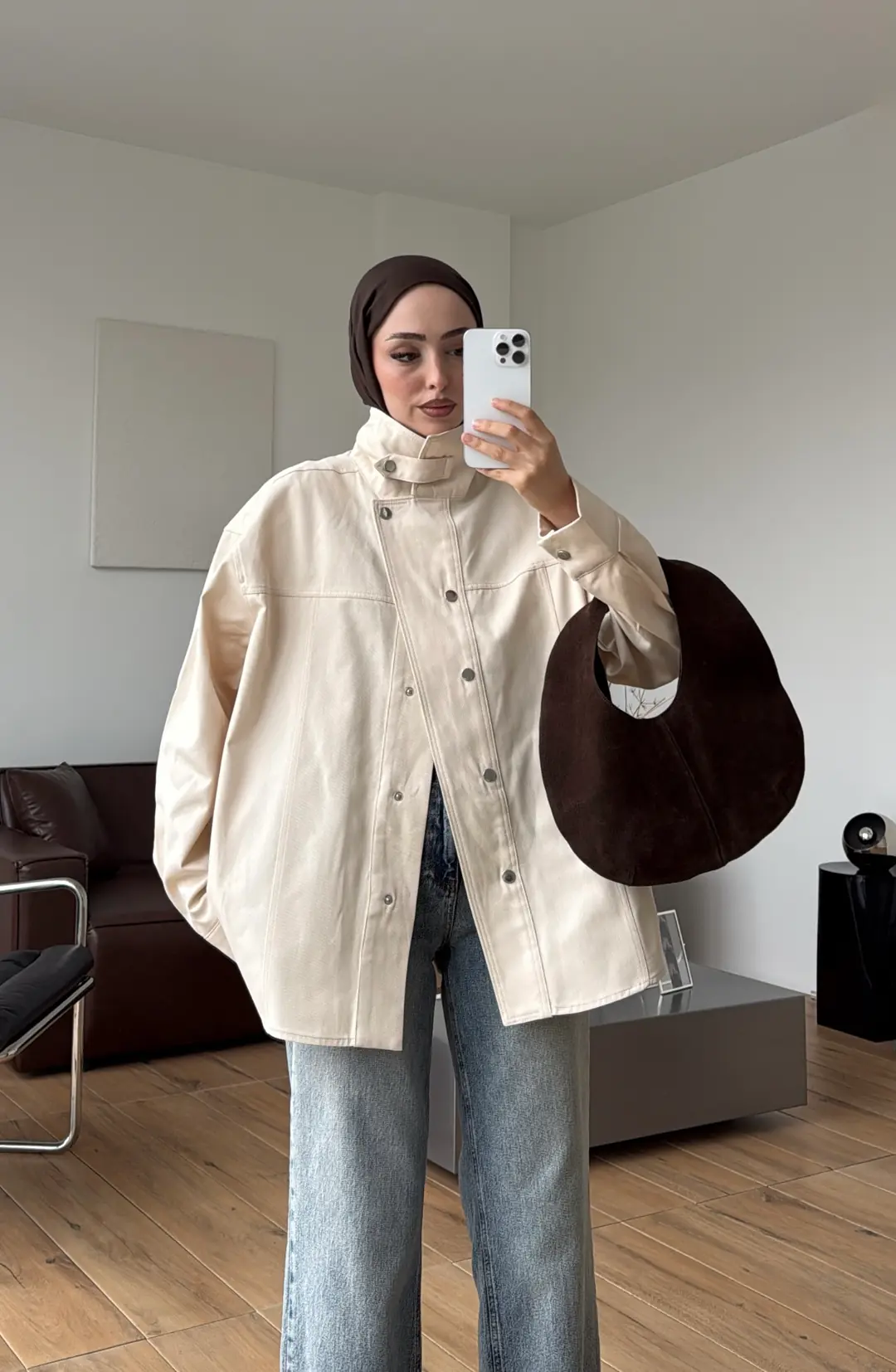 Çırçıtlı Dik Yaka Gabardin Ceket Krem