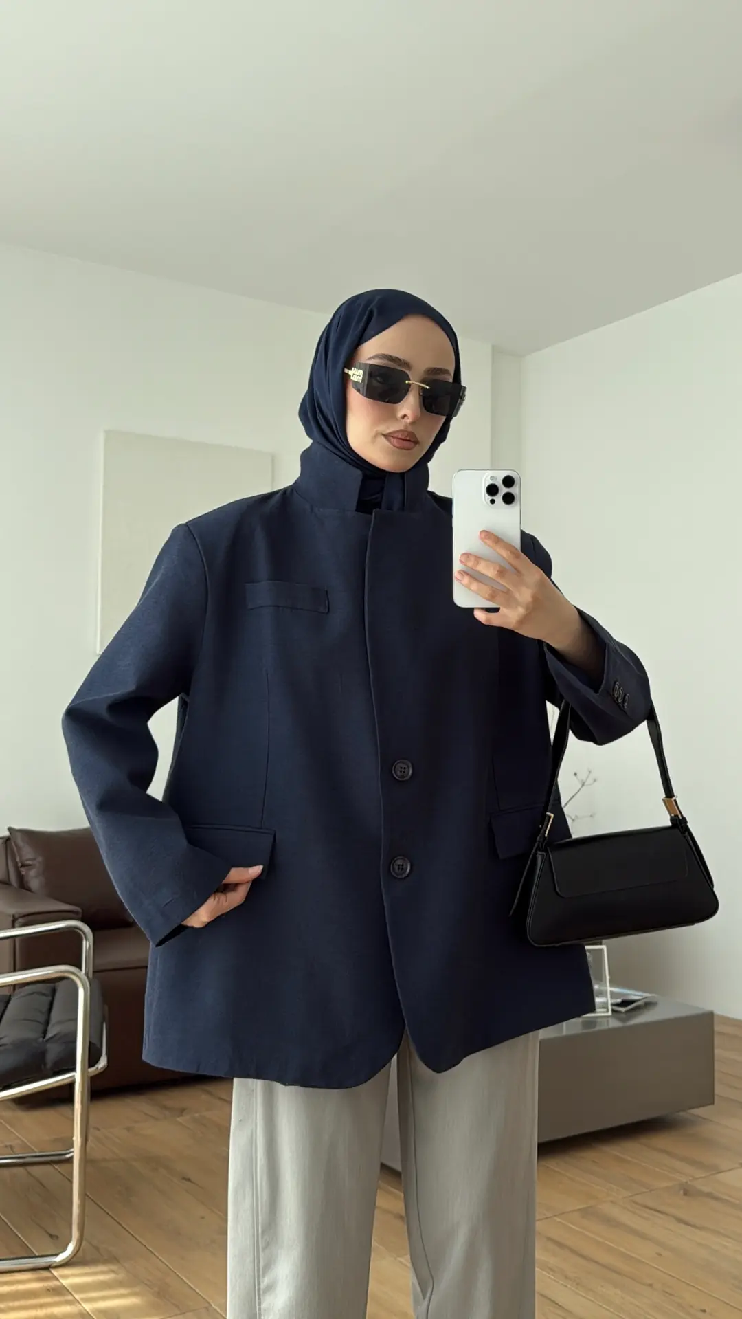 Oversize Keten Ceket Lacivert 