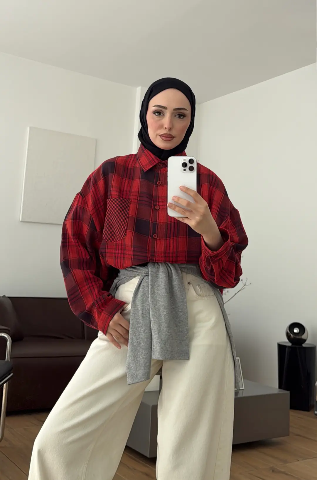Ekose Oversize Gömlek Kırmızı