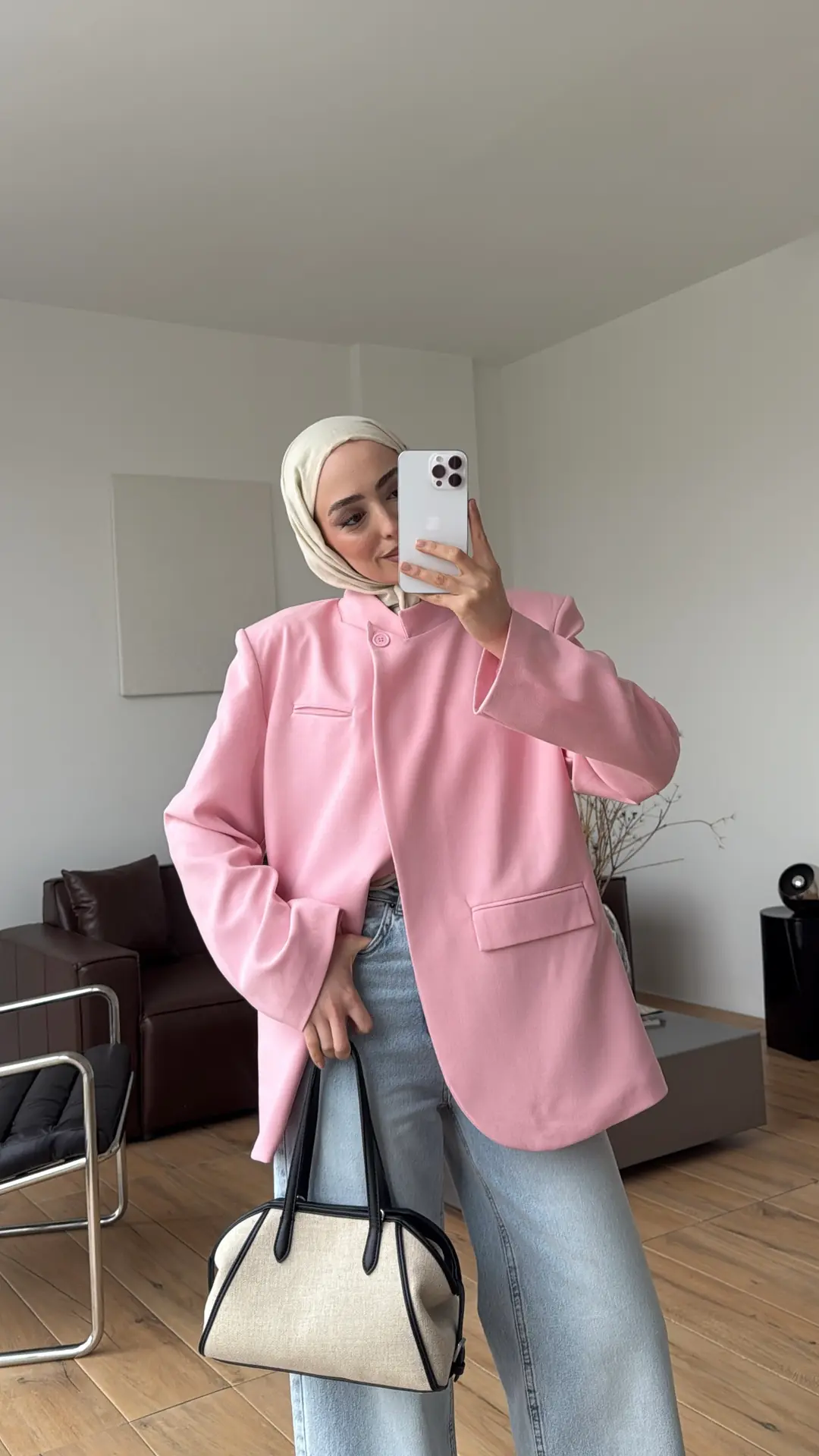 Yakası Düğmeli Dik Yaka Ceket Pembe