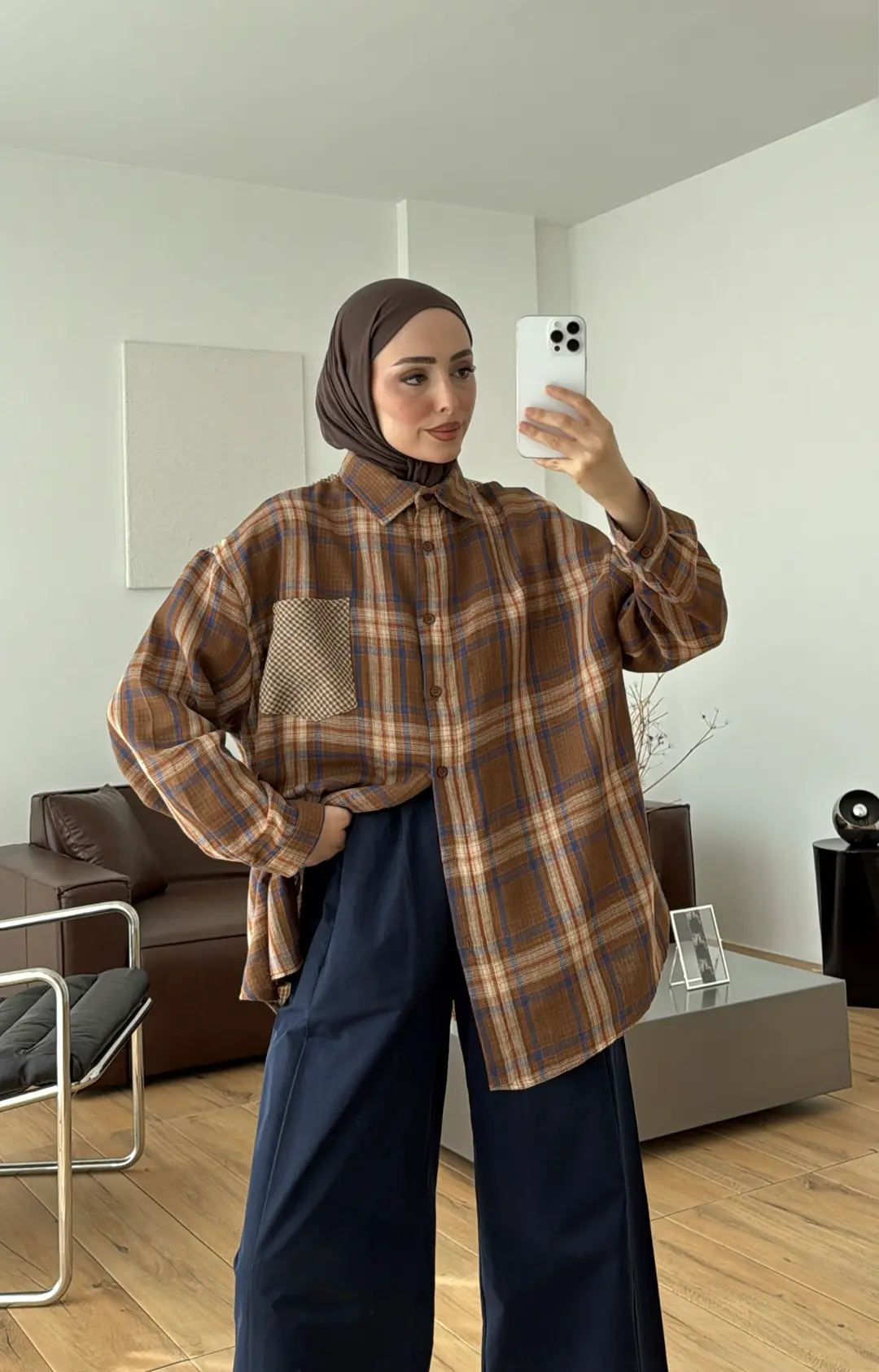 Ekose Oversize Gömlek Açık Kahve