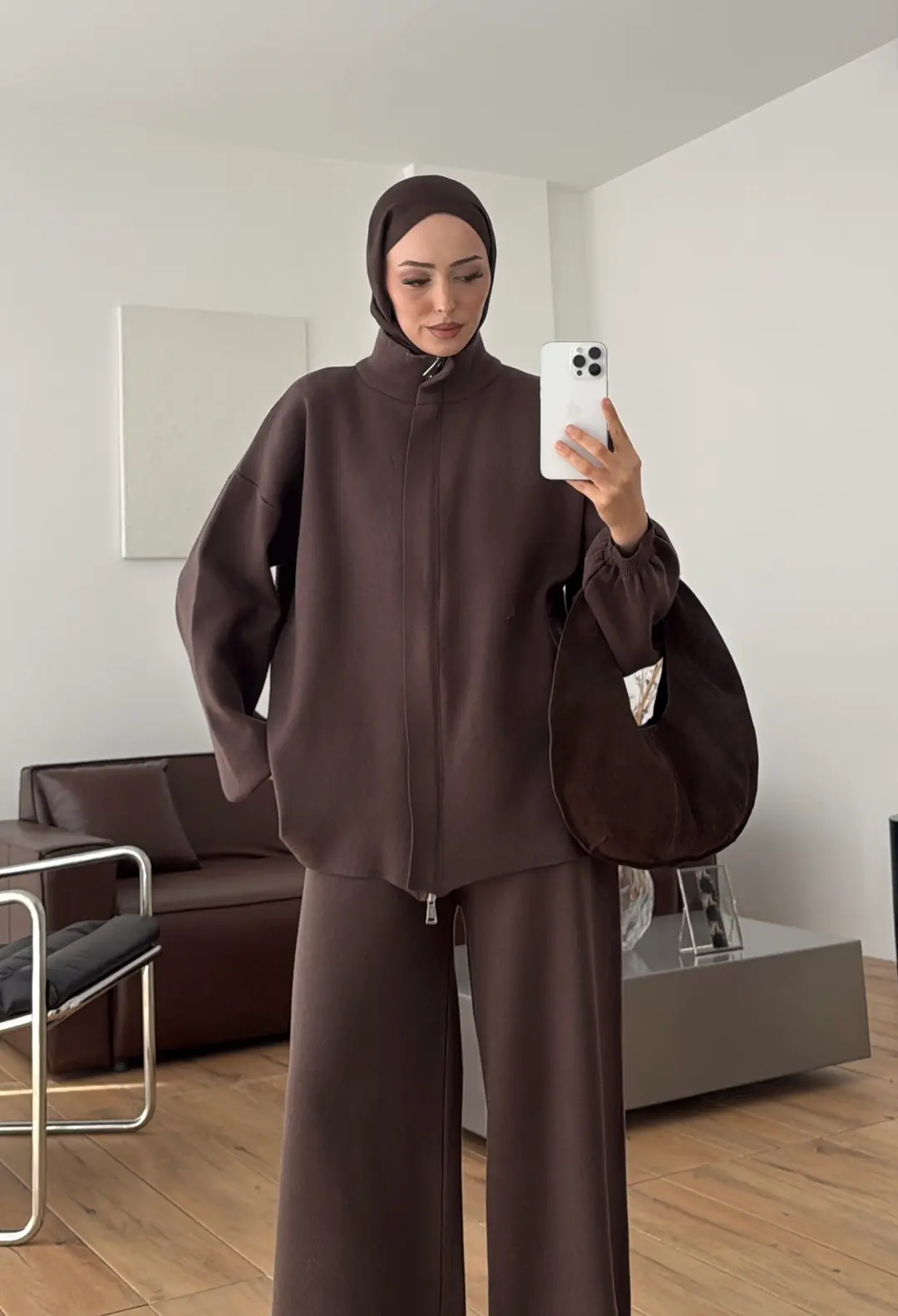 Çift Fermuarlı Tok Kumaş Triko Takım Kahve