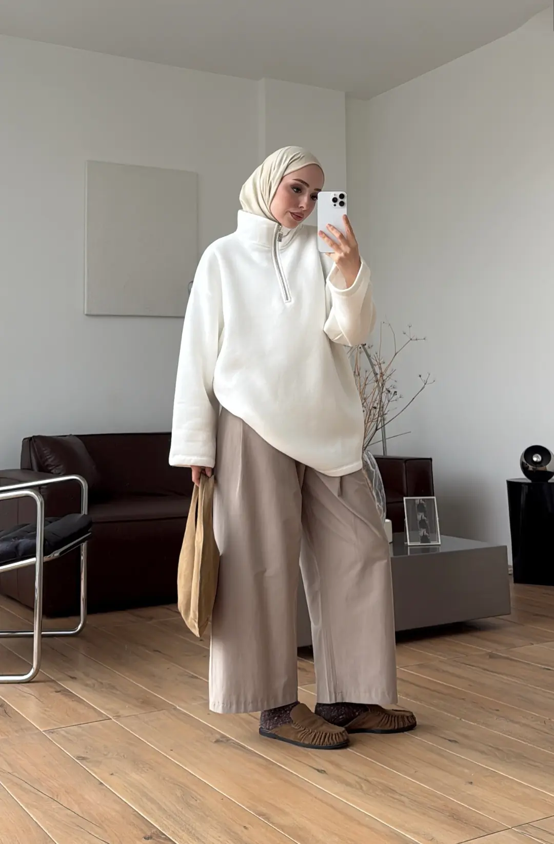 Yarım Fermuarlı Sweatshırt Beyaz