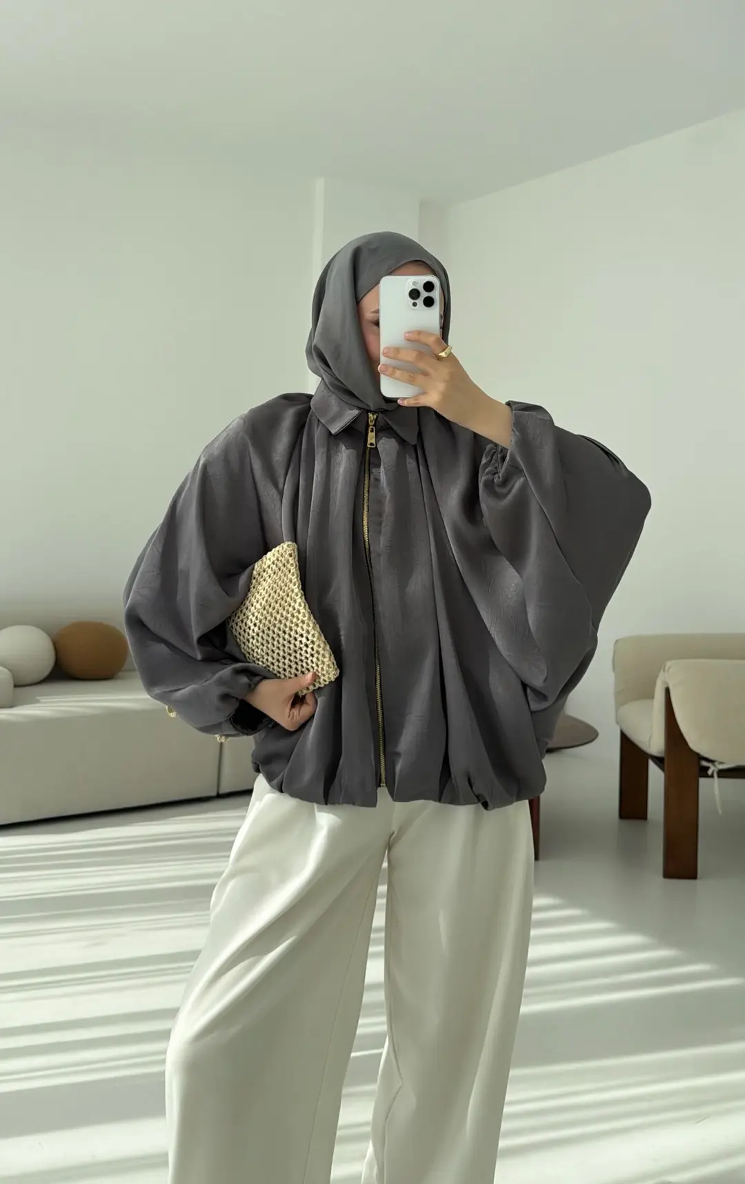 Bomber Saten Ceket Gri