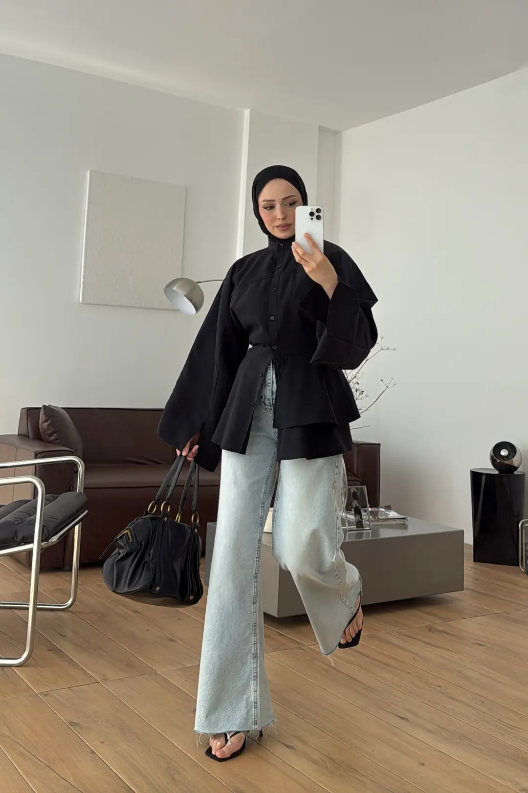 Parçalı Geniş Kol Bluz Siyah