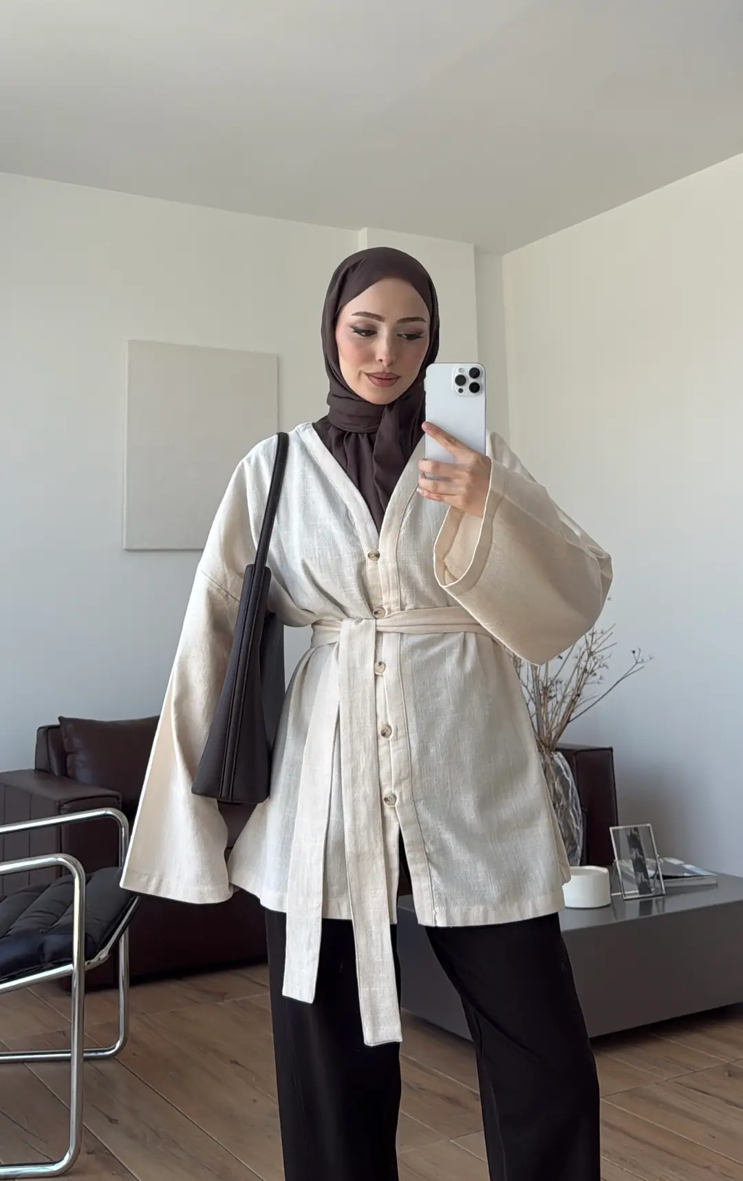 Linen Kuşaklı Kimono Ekru