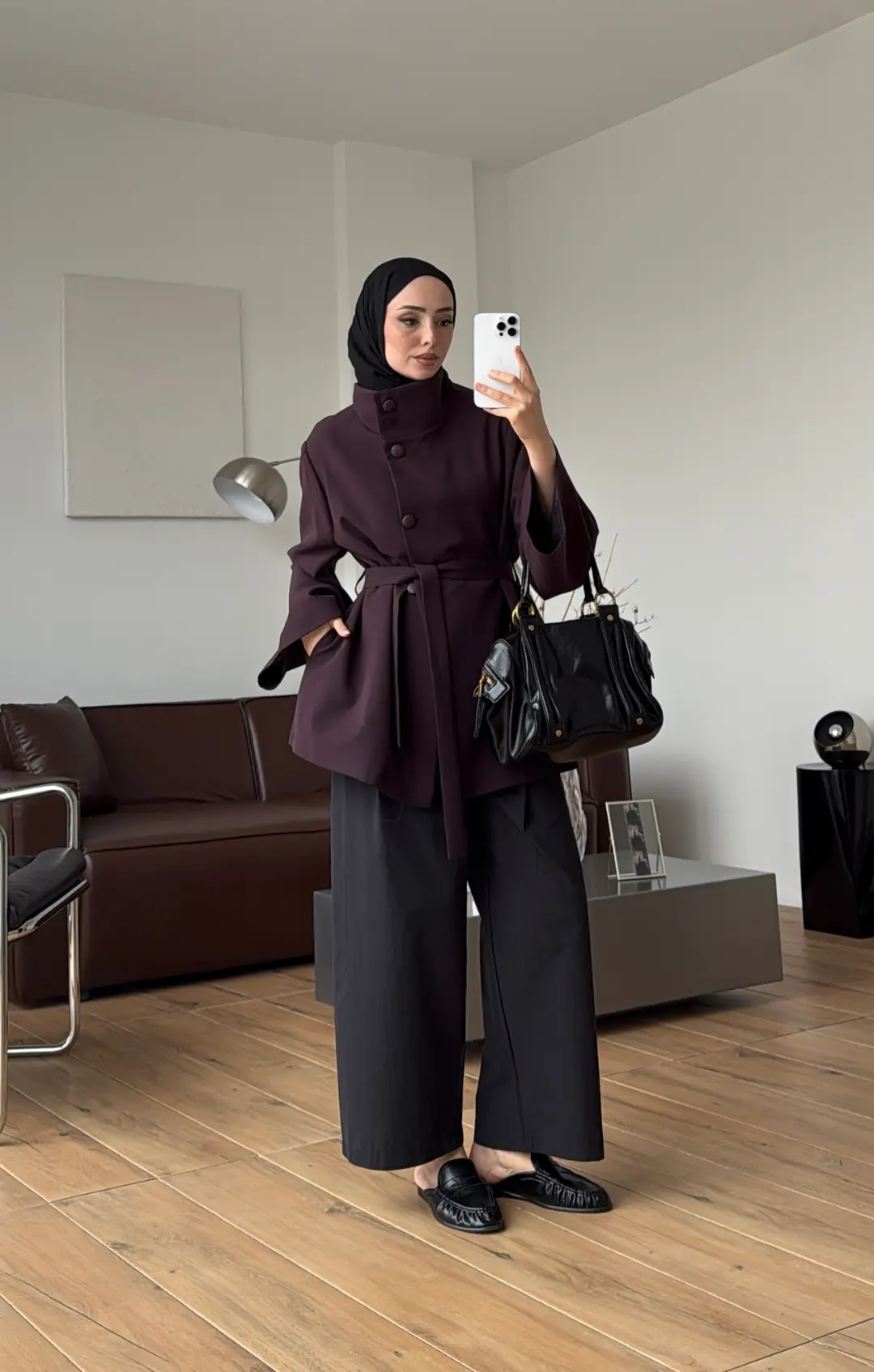 Geniş Kol Kuşaklı Ceket Mürdüm