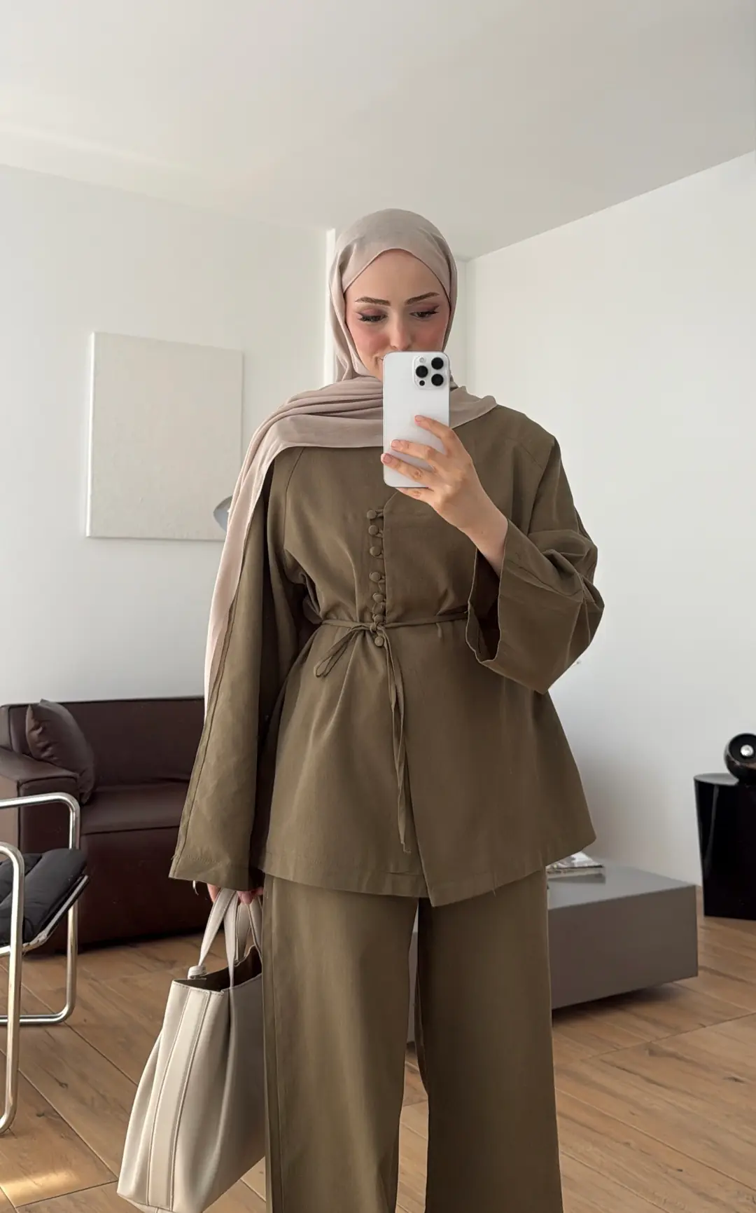 Sık Düğmeli Keten Takım Haki