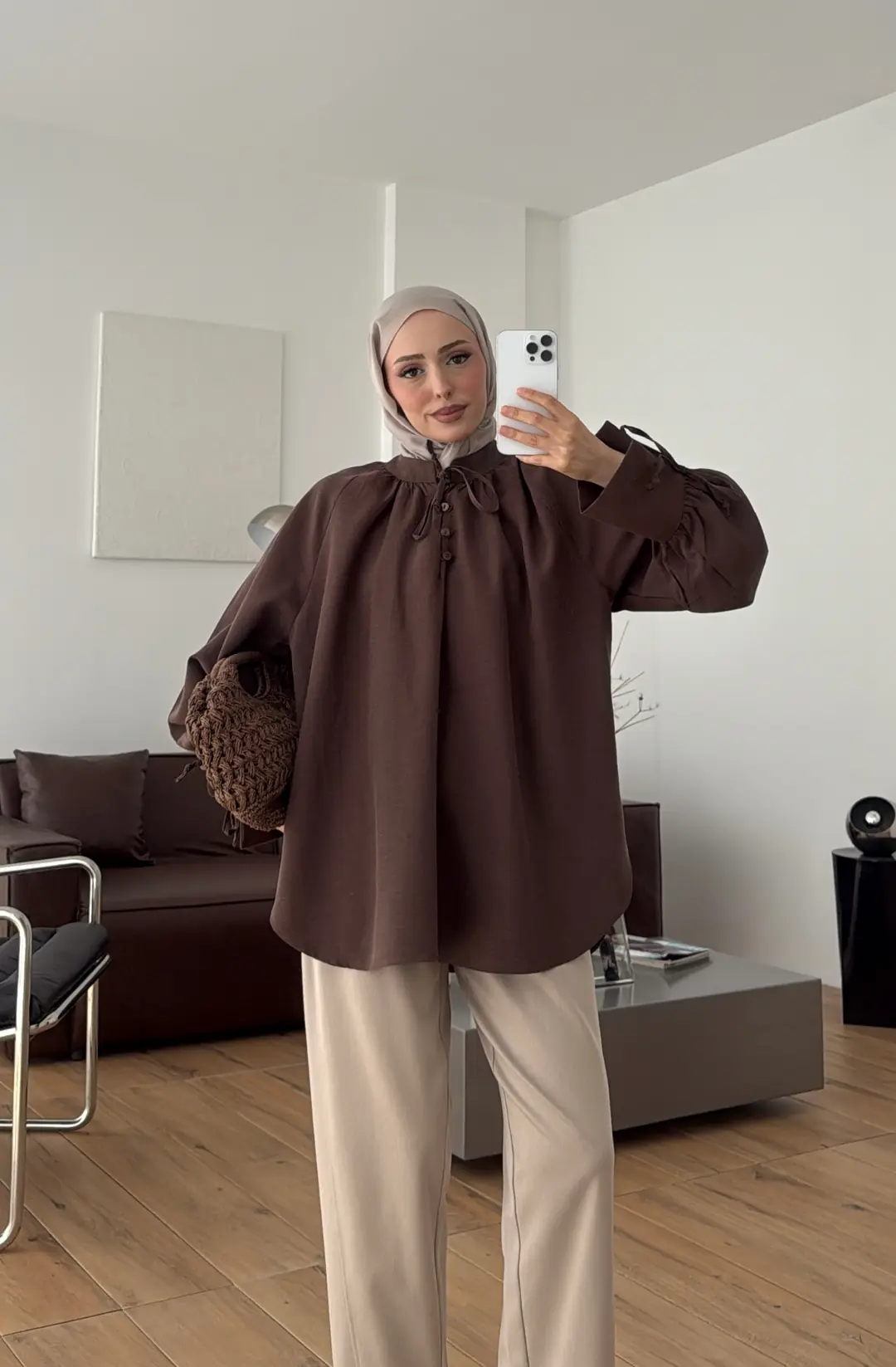 Bağcık Detay Bluz Kahve