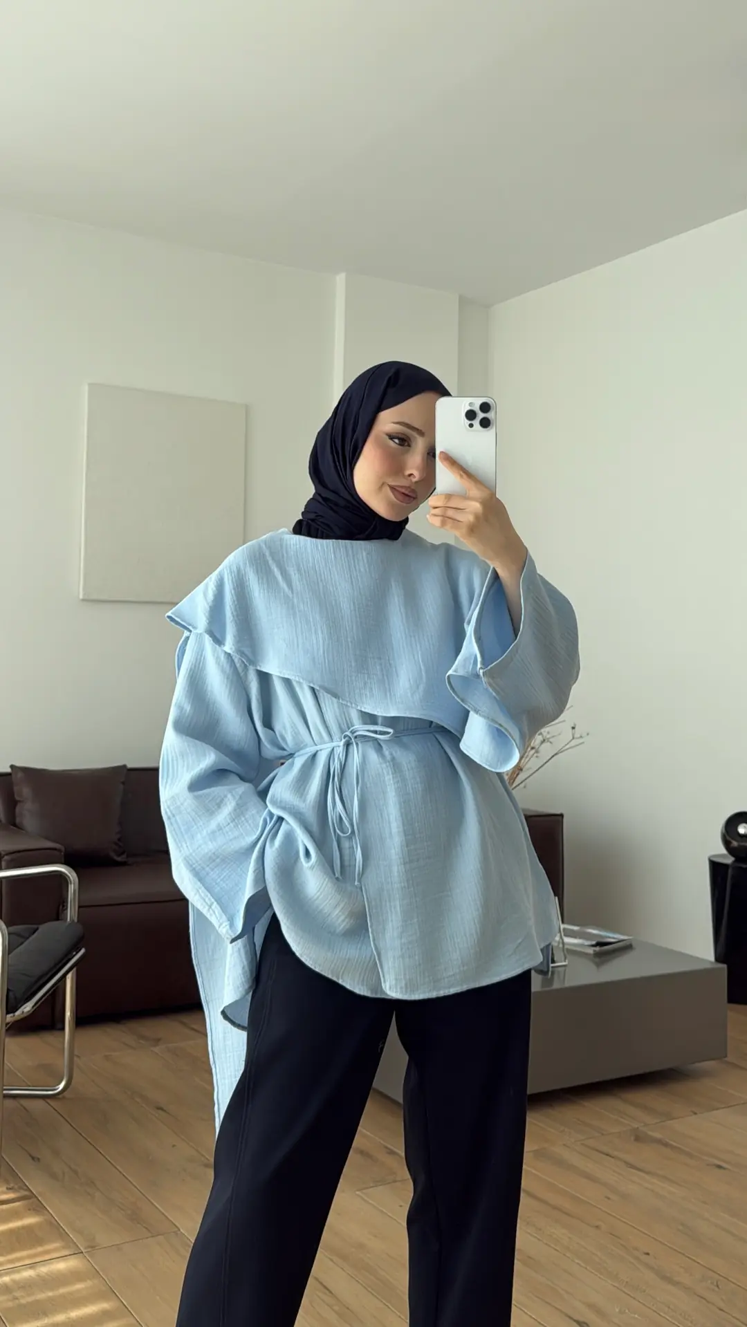 Şal Detaylı Müslin Bluz Mavi