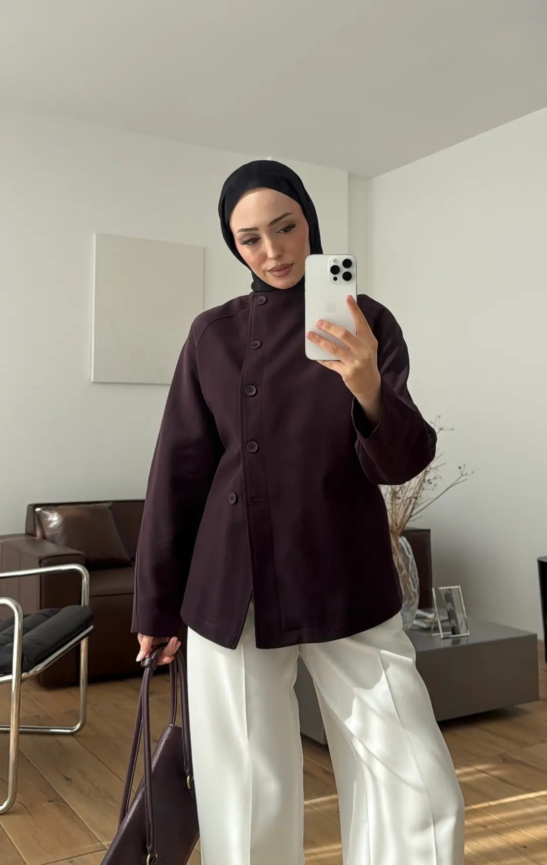Bağcıklı Dik Yaka Ceket Mürdüm
