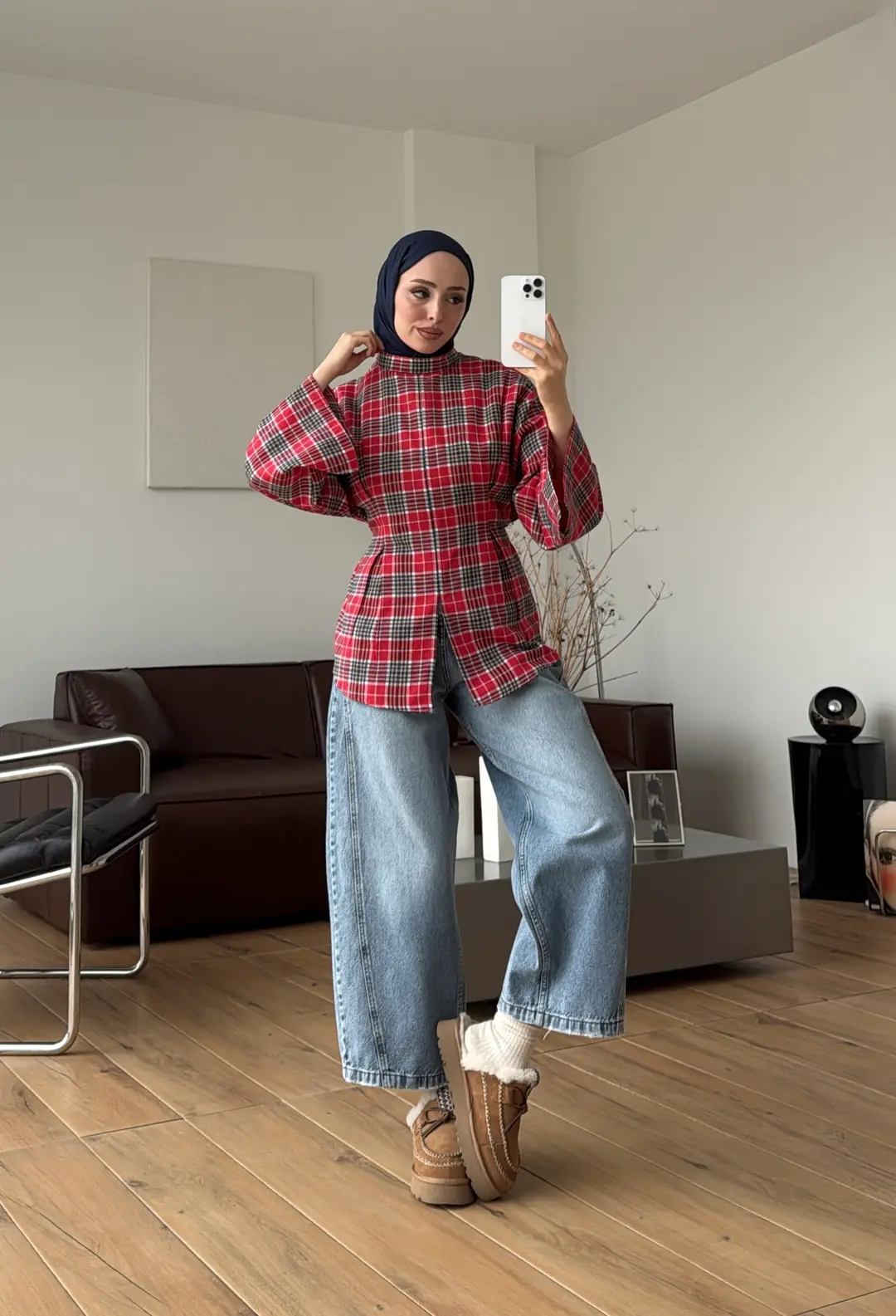 Ekose Pile Detay Bluz Kırmızı