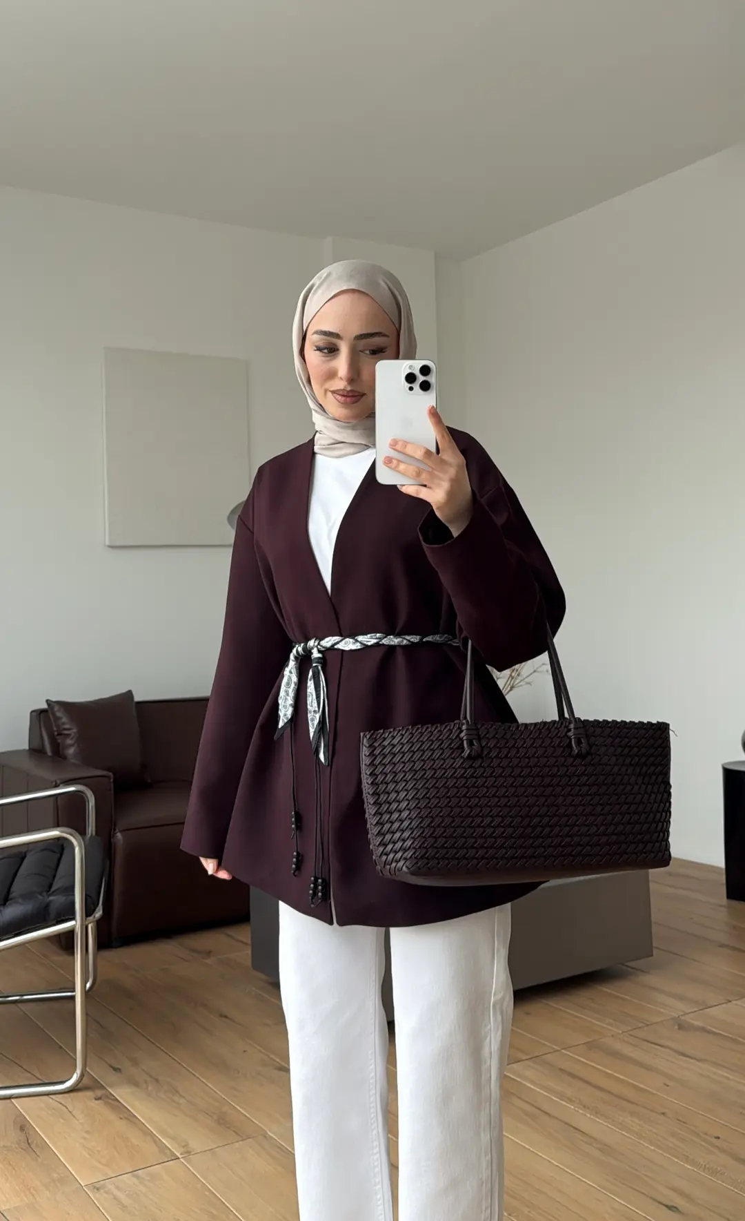 Örgü Kemer Detay Ceket Mürdüm