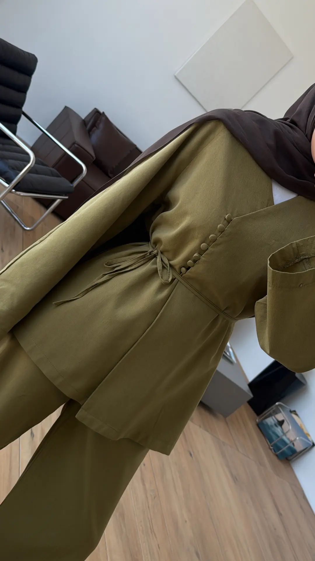 Sık Düğmeli Keten Takım Olive
