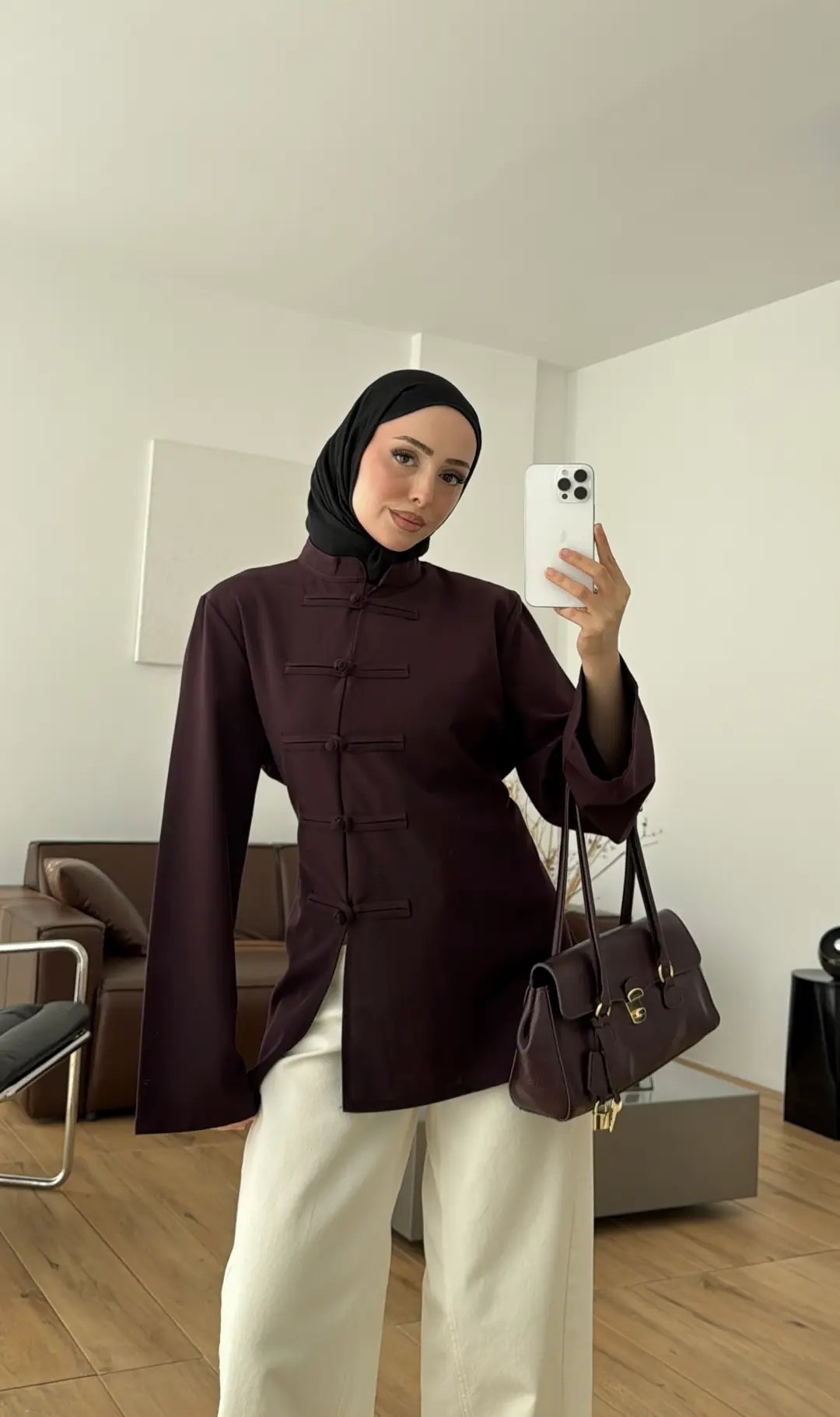  Tok Kumaş Süslü Düğmeli Bluz Mürdüm