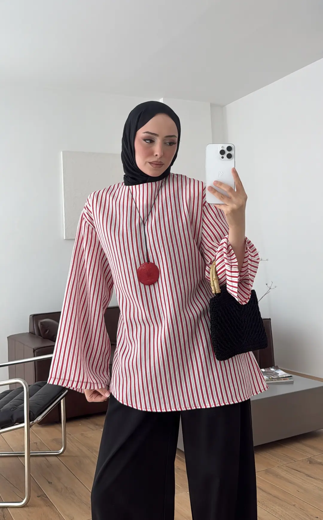 Çizgili Arkadan Bagcıklı Tunik Beyaz