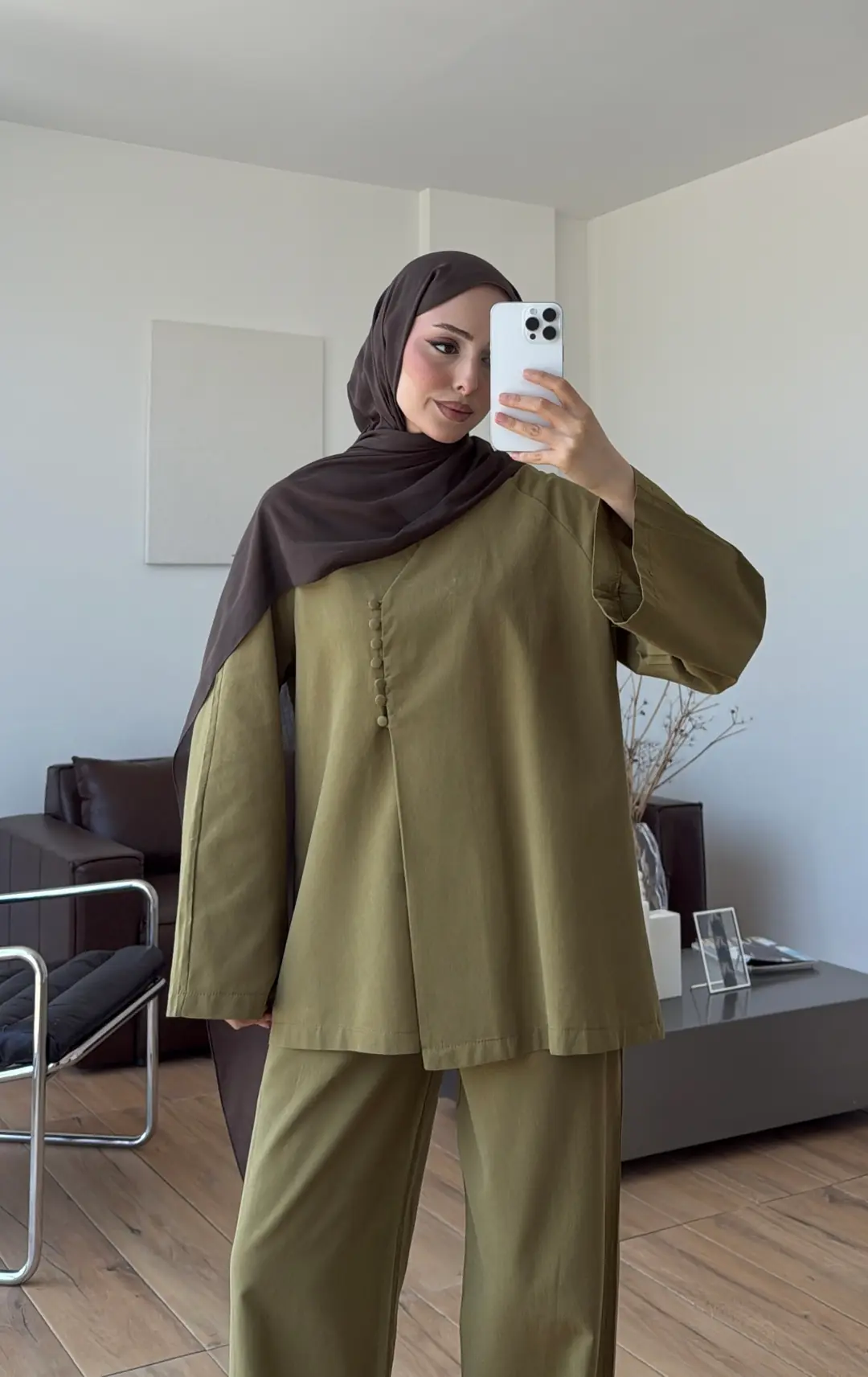 Sık Düğmeli Keten Takım Olive