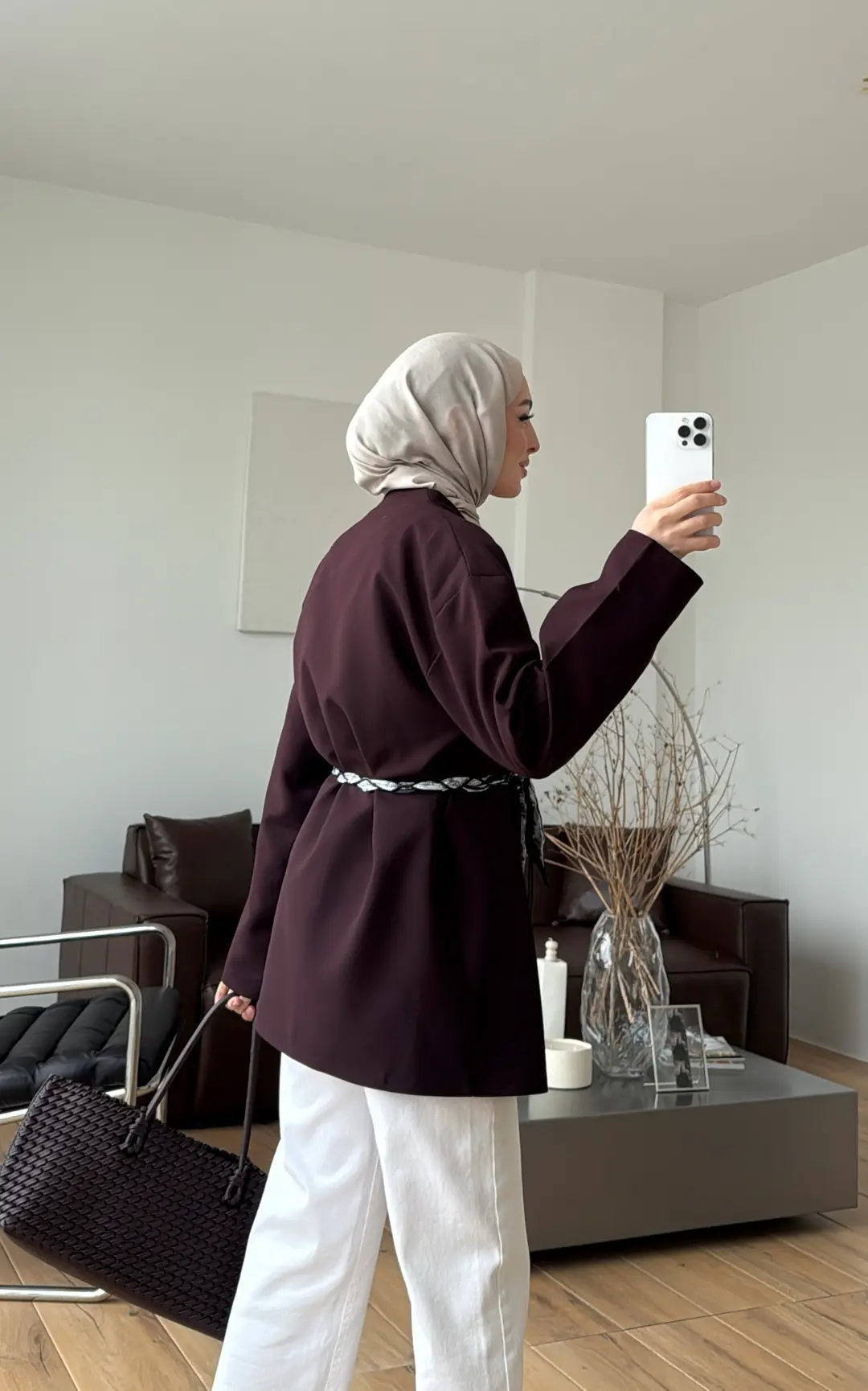 Örgü Kemer Detay Ceket Mürdüm