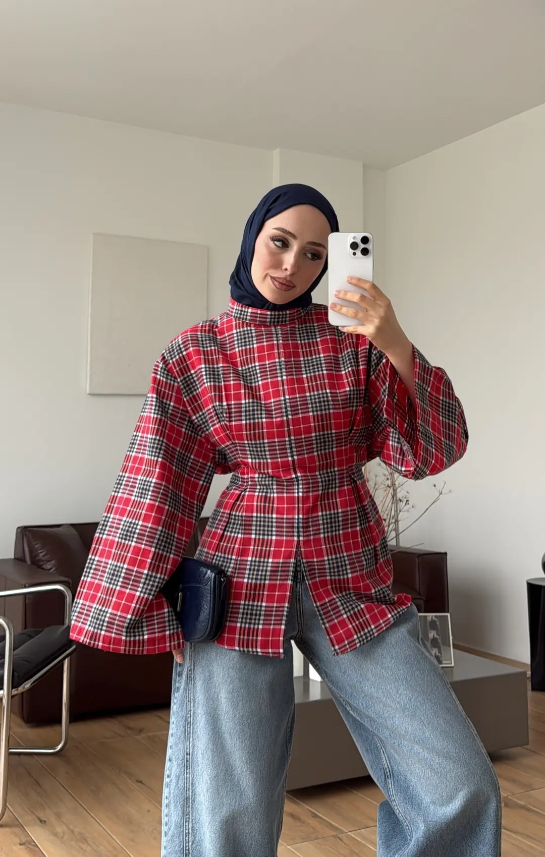 Ekose Pile Detay Bluz Kırmızı