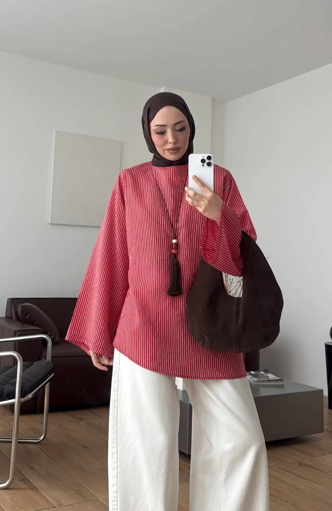 Çizgili Arkadan Bagcıklı Tunik Kırmızı