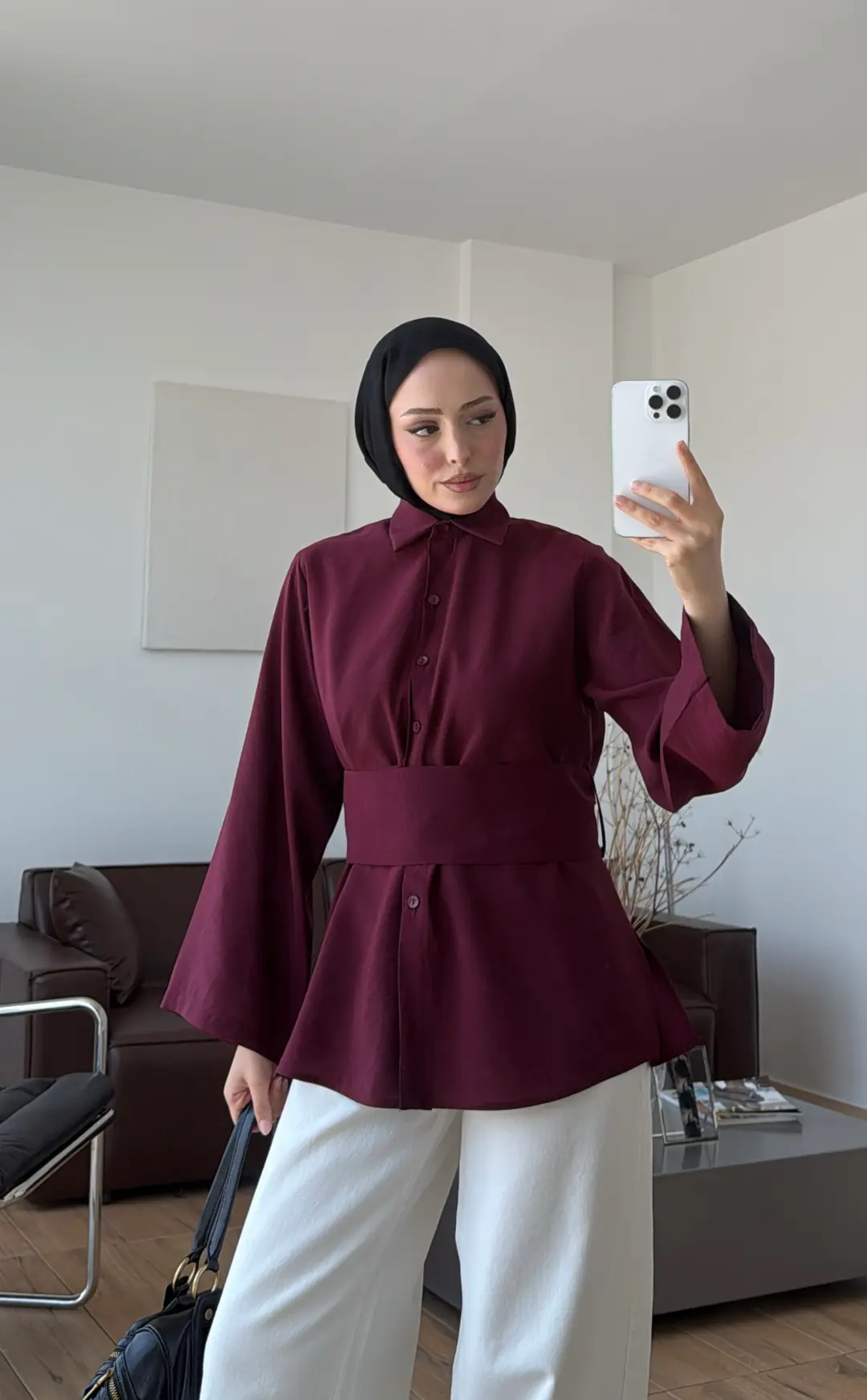 Kalın Kemerli Modal Gömlek Bordo