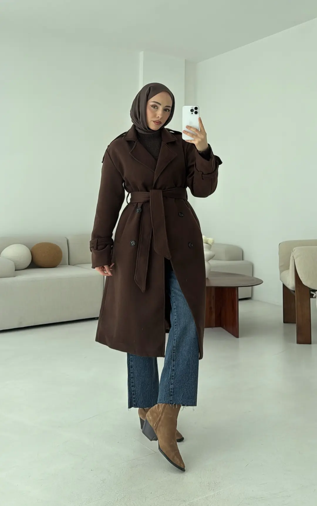 Premium Uzun Kaşe Kaban Kahve