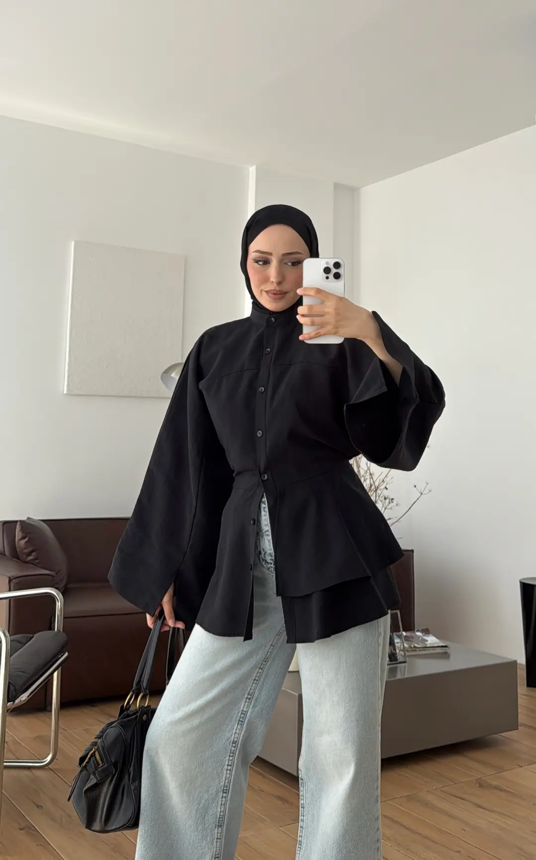 Parçalı Geniş Kol Bluz Siyah