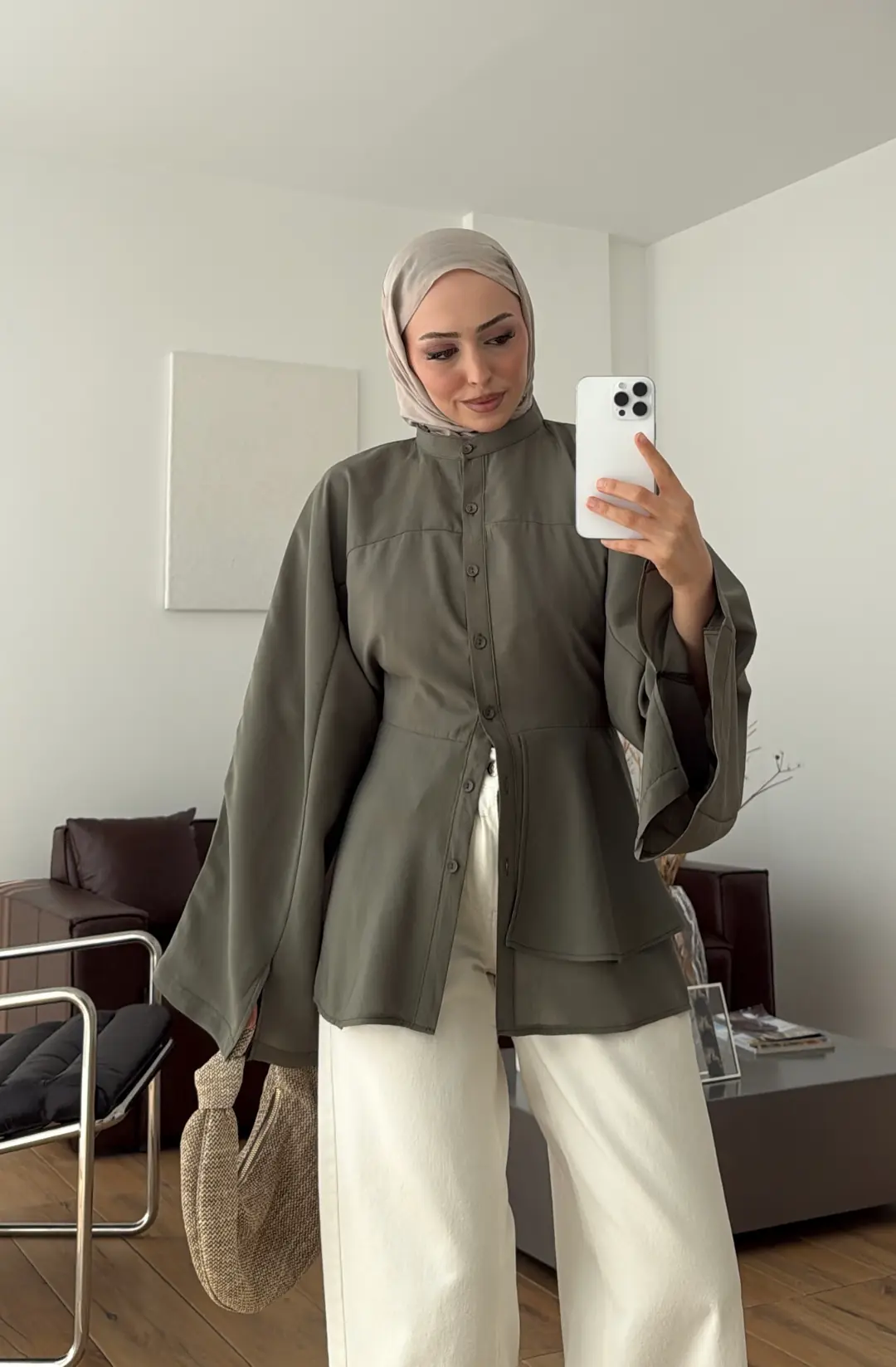 Parçalı Geniş Kol Bluz Haki