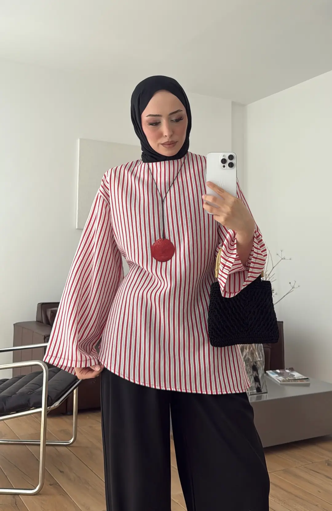 Çizgili Arkadan Bagcıklı Tunik Beyaz