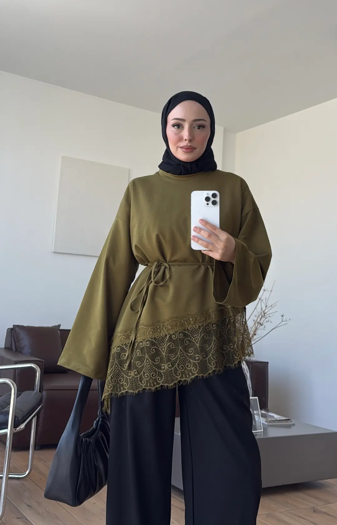 Eteği Dantel Detay Sweat Olive