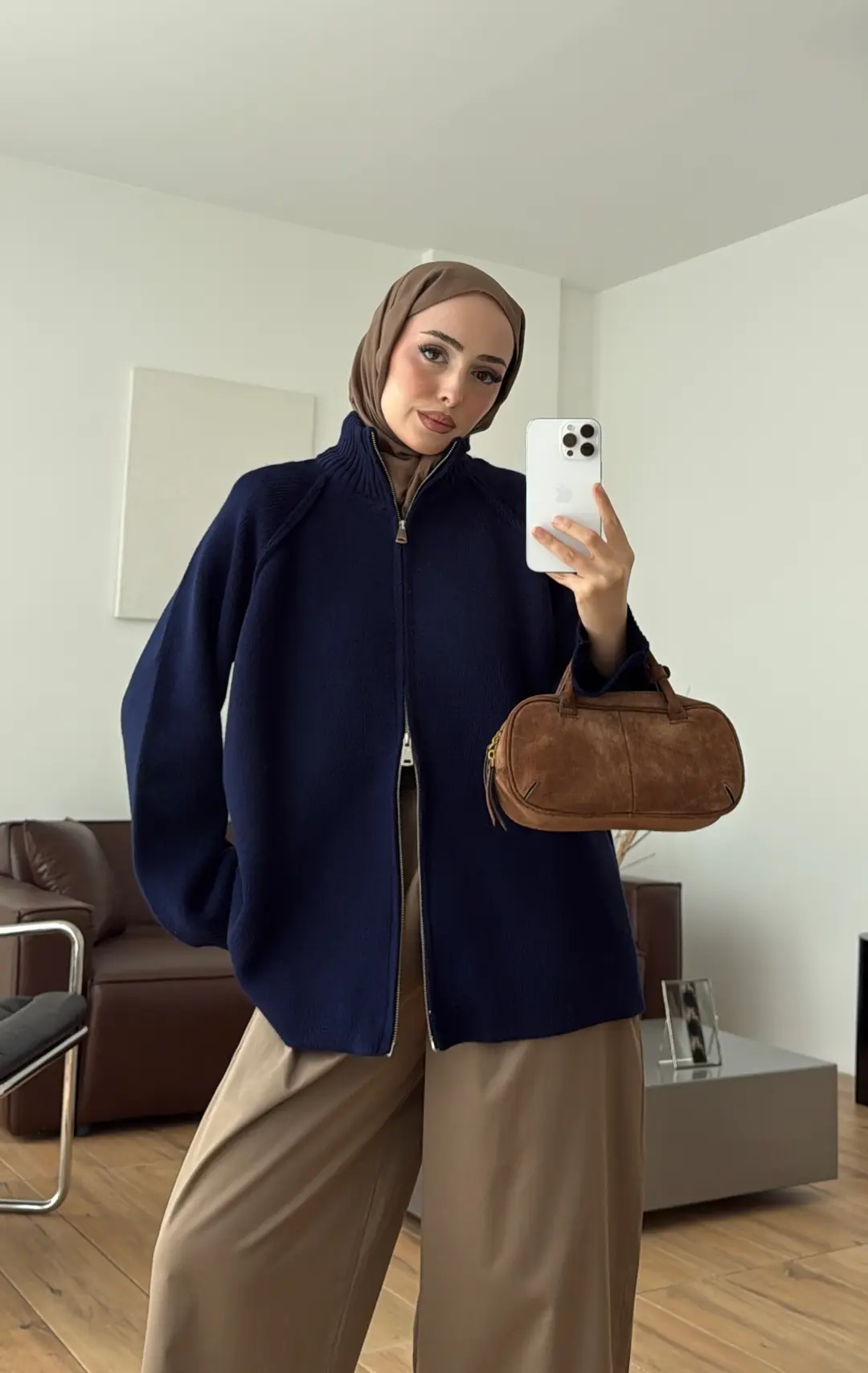 Çift Fermuarlı Triko Hırka Lacivert