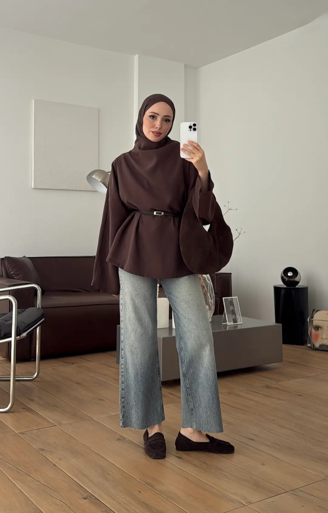 Kemerli Degaje Yaka Modal Bluz Kahve