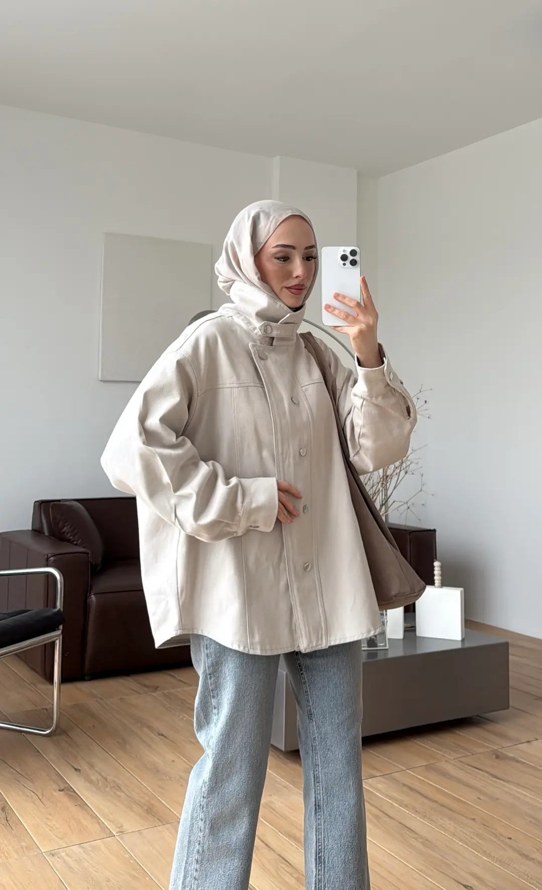 Dik Yaka Çıtçıtlı Gabardin Ceket Taş