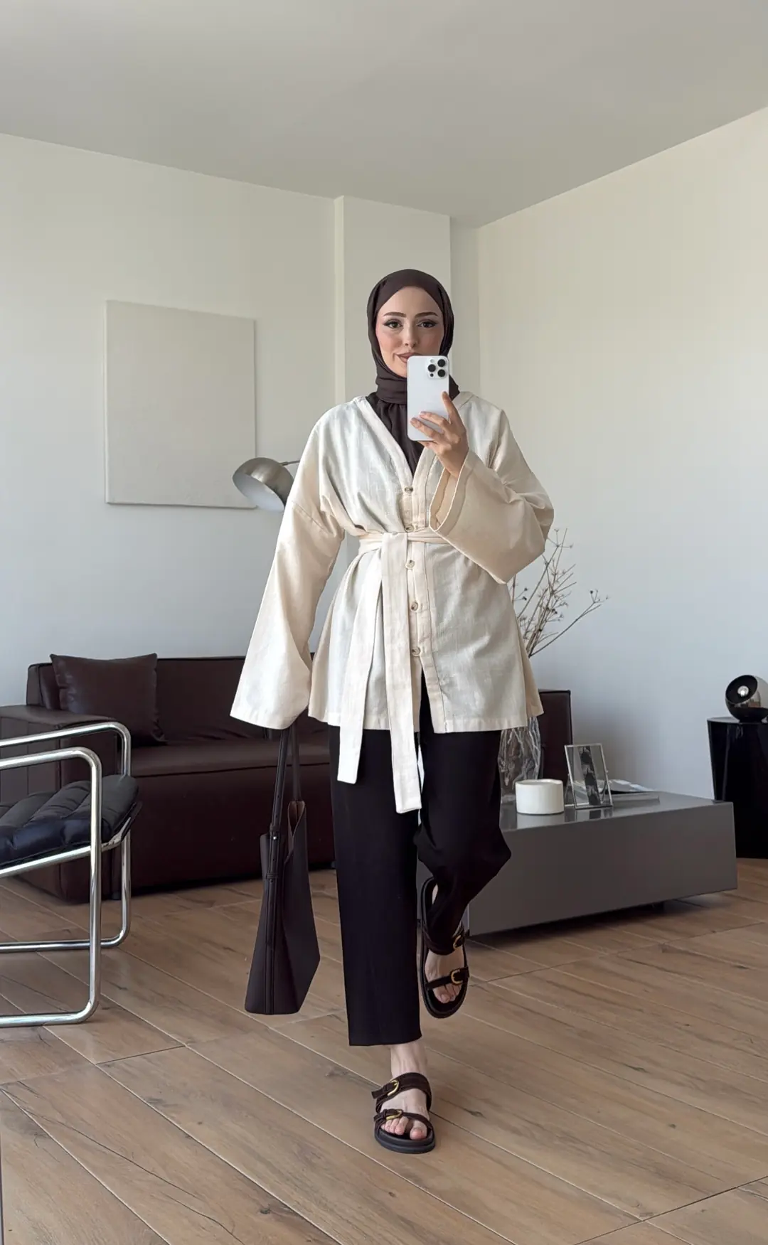 Linen Kuşaklı Kimono Ekru