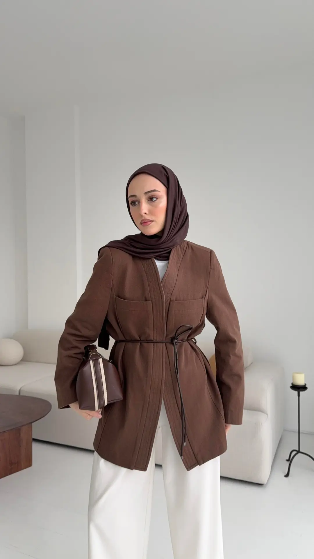 Gabardin Kemerli Ceket Kahve