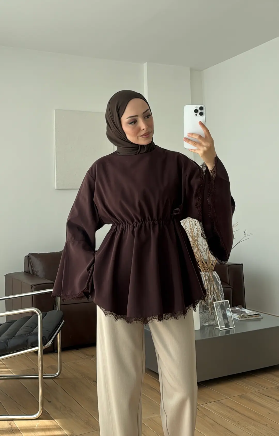 Lace Bel Detay Tunik Kahve