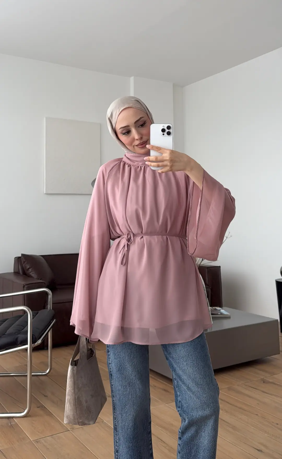 Şifon Dökümlü Bluz Krem Pudra