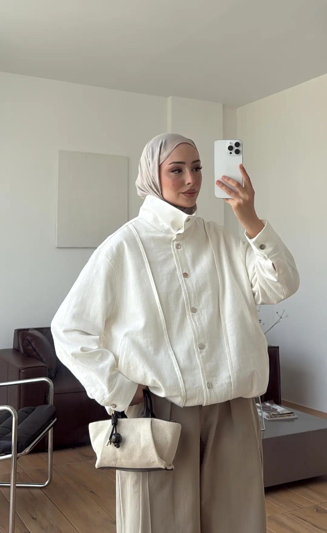 Keten Bomber Ceket Kırık Beyaz