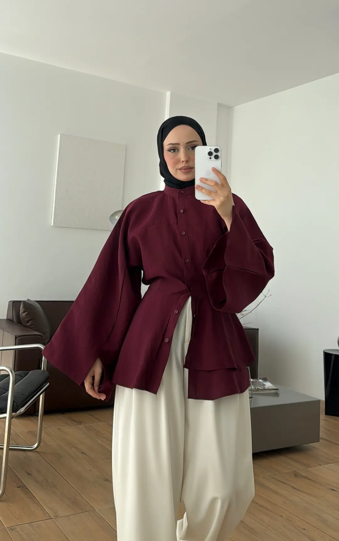 Parçalı Geniş Kol Bluz Bordo