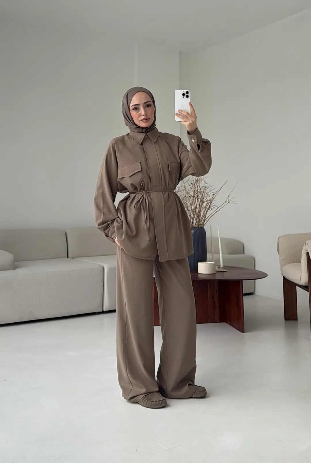Bağcıklı Bluz Pantolon Takım Vizon